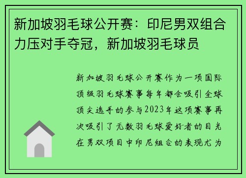 新加坡羽毛球公开赛：印尼男双组合力压对手夺冠，新加坡羽毛球员