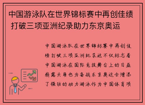 中国游泳队在世界锦标赛中再创佳绩 打破三项亚洲纪录助力东京奥运 中国游泳队在世界锦标赛中再创佳绩 打破三项亚洲纪录助力东京奥运